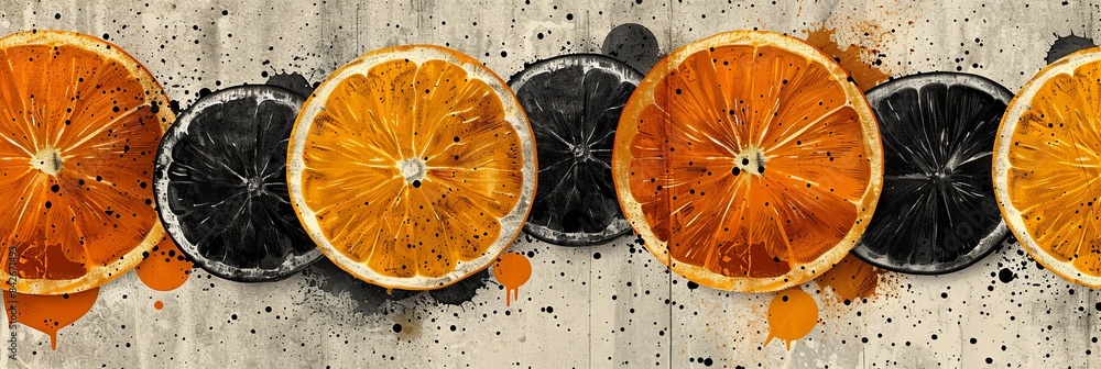 Abstract Orange Slices With Black Circles On A Grey Background Abstract Orange Slices With Black Circles On A Grey Background