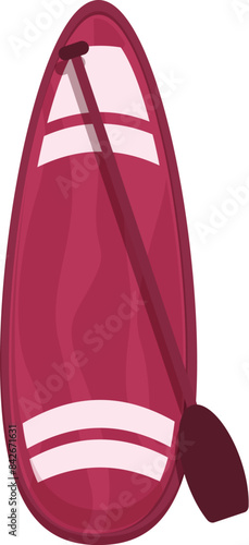 Red paddle board with paddle standing up, ready for a sup surfing session