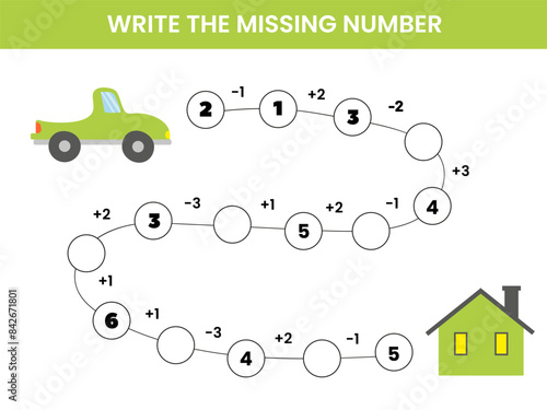 Mathematical educational game for children. Complete the series and insert the missing numbers. Solve the equation and help the car get home. Educational cards for children