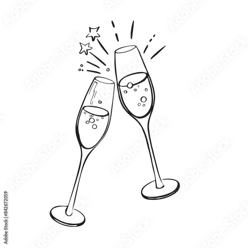 Two glasses of champagne. Sketch graphics. Vector illustration.