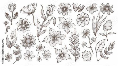 Set of simple line art flowers isolated on white background, vector illustration. generated with AI