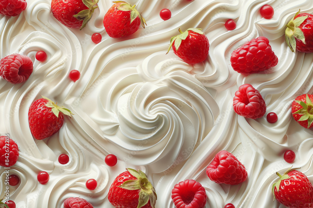 Close-up of fresh strawberries placed on a smooth, swirled white cream background, creating a delicious and appealing dessert-themed image, ideal for food photography. Close-up of fresh strawberries placed on a smooth, swirled white cream background, creating a delicious and appealing dessert-themed image, ideal for food photography.