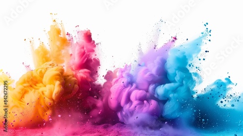 Explosive Burst of Colorful Dry Pigments in Mid-Air Against White Background