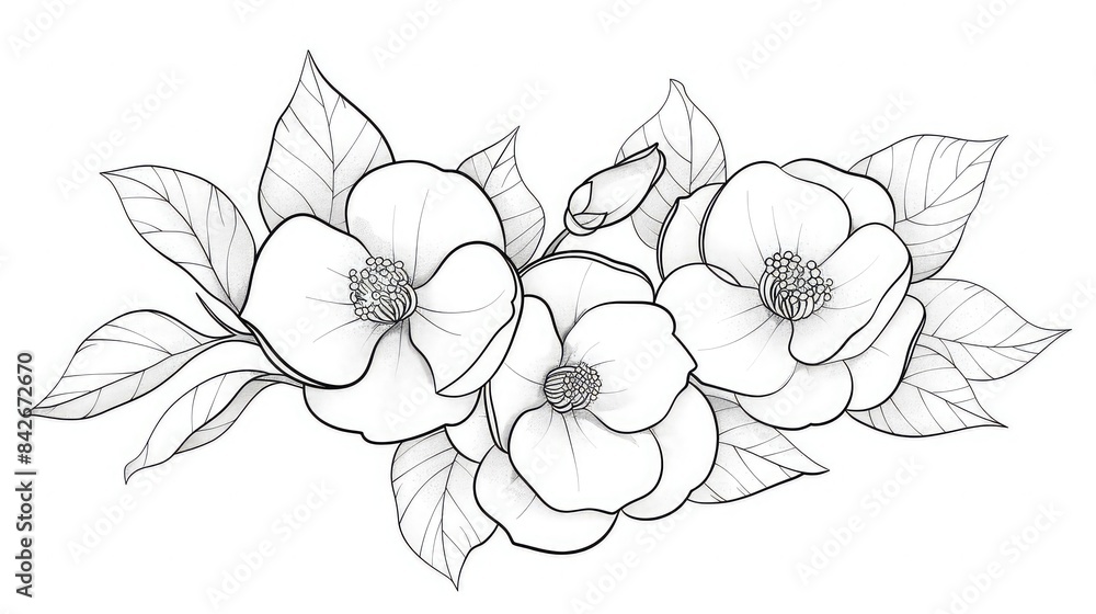 line art design of three camellias, one in full bloom and two with leaves on the sides, in a line art style. The flowers have soft petals and delicate stamens. generated with AI line art design of three camellias, one in full bloom and two with leaves on the sides, in a line art style. The flowers have soft petals and delicate stamens. generated with AI