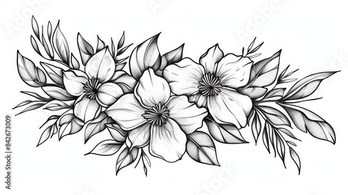 line art design of delicate flowers, vector illustration in black ink on white background, simple yet elegant style generated with AI