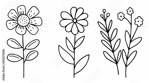 A simple line drawing of three different types of flowers in a clip art style generated with AI