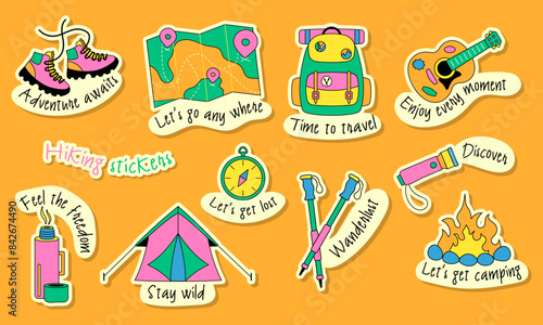 Trekking and Hiking Sticker Set with Motivational Text. Camping Stickers in Retro Style