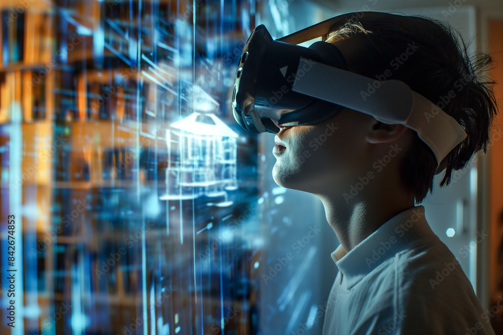 Asian Little boy wearing VR headset using AI artificial intelligence technology & machine learning. Innovation and smart tech. Asian Little boy wearing VR headset using AI artificial intelligence technology & machine learning. Innovation and smart tech.