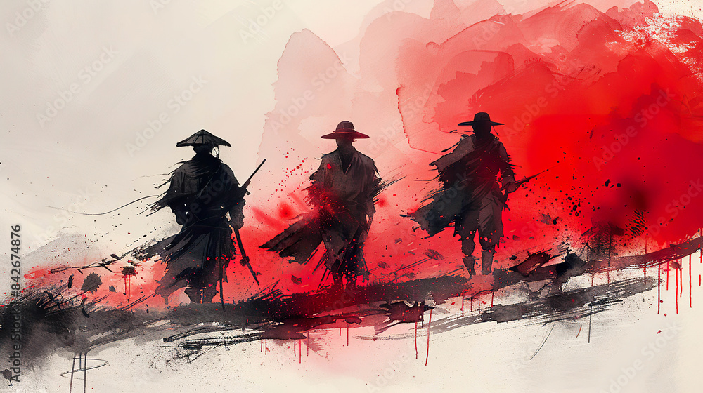 Three samurai silhouette red background Generated by AI Three samurai silhouette red background Generated by AI