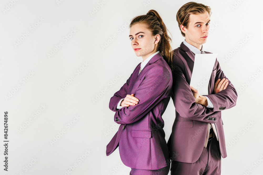 Two professionals in purple suits back to back Two professionals in purple suits back to back