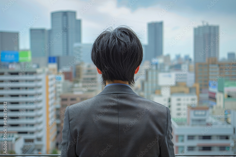 a man in a suit looks out over a city