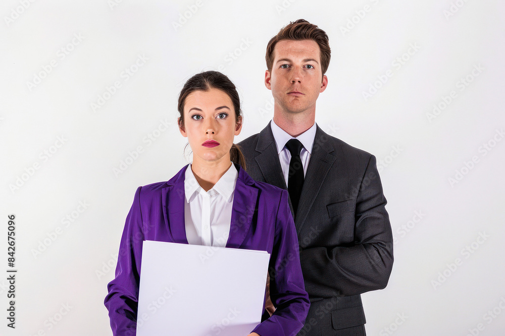 Business pair in purple against gray backdrop Business pair in purple against gray backdrop