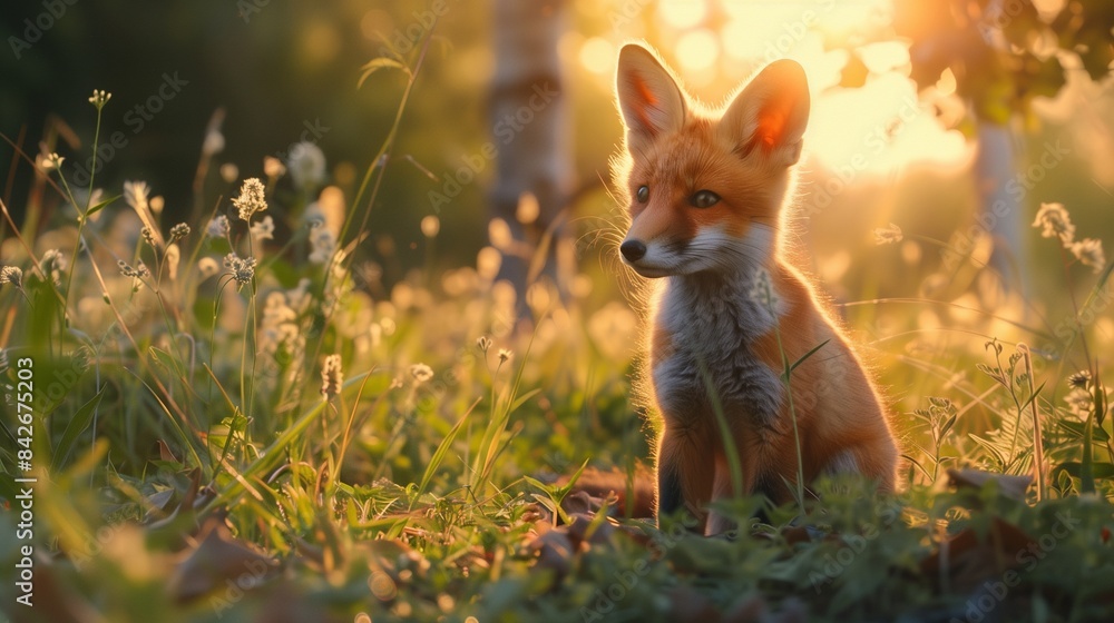 Naklejka premium A baby fox exploring a meadow at sunrise.