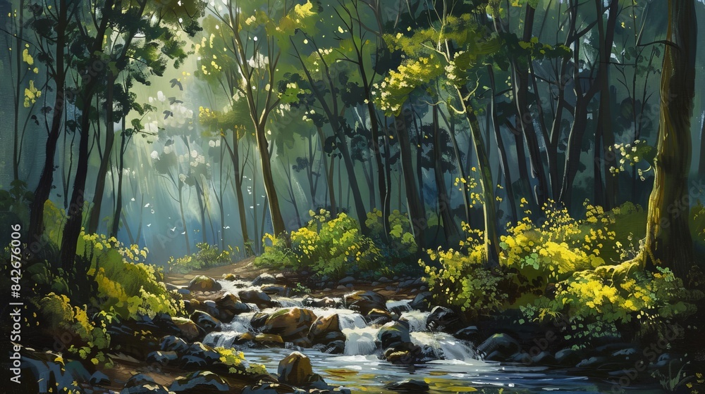 Obraz premium Serene forest with a flowing stream