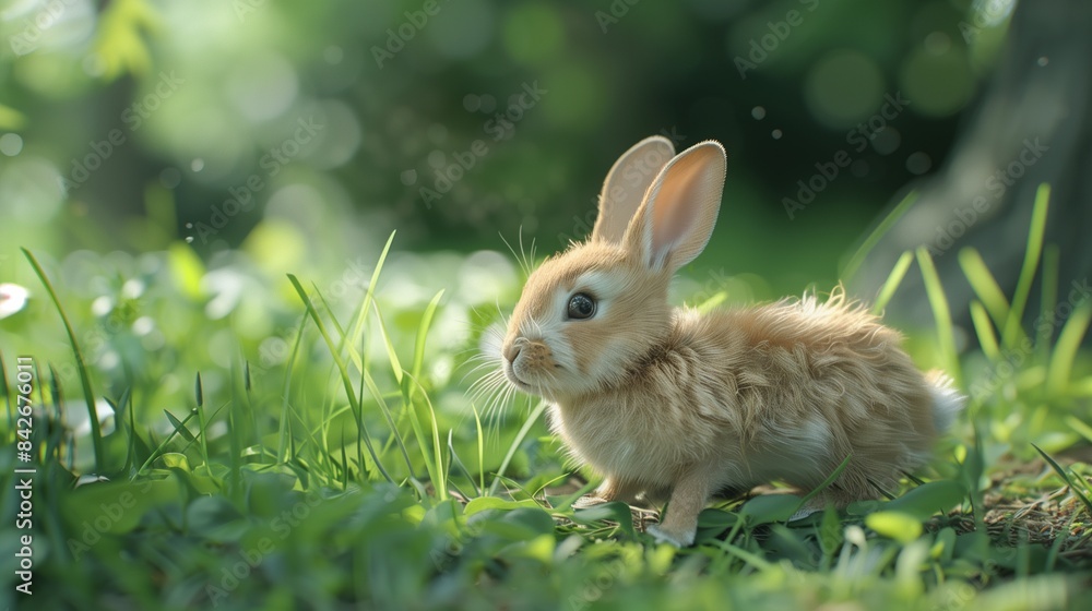 A baby rabbit hopping through a garden. A baby rabbit hopping through a garden.