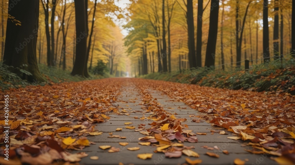 A peaceful autumn landscape with a path covered in colorful fallen leaves, leading through a forest, captured from a low angle. A peaceful autumn landscape with a path covered in colorful fallen leaves, leading through a forest, captured from a low angle.