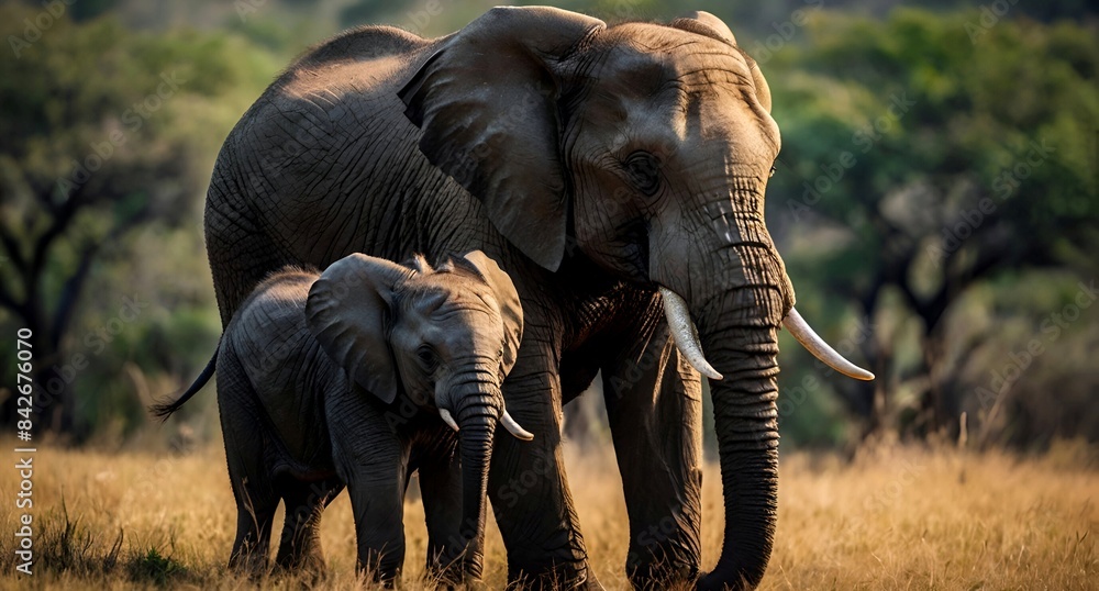 Fototapeta premium A beautiful big elephant mother and a small elephant baby
