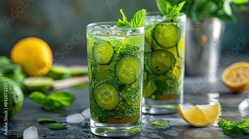 Fat-burning shake with green tea, cucumber and mint photo