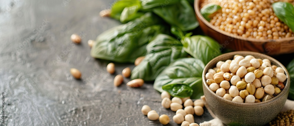 Obraz premium Healthy organic ingredients including white beans, couscous, and green leaves on a rustic, dark background. Concept of natural, plant-based food.