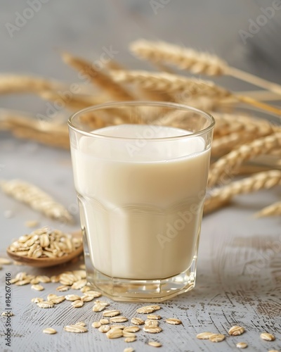 Glass of oat milk filled to the top, placed on a rustic table with loose oats and wheat stalks in the background. photo