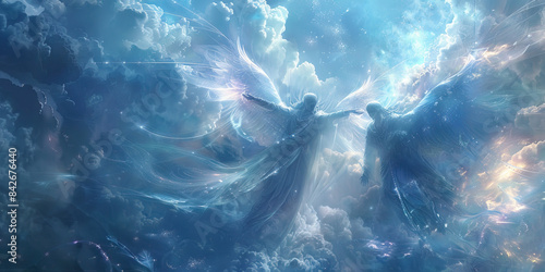 Celestial Serenity: Souls Soaring in the Light of Divine Love - Souls soaring through the heavens, their hearts filled with the peace and serenity that comes from knowing they are held in divine love photo