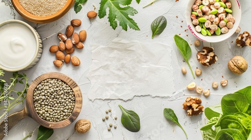 Top view of various fresh greens, nuts, seeds, and legumes on a light background, ideal for healthy and vegetarian recipe concepts.