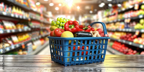 Shopping cart filled with a variety of fresh groceries in a supermarket aisle. The cart contains fruits, vegetables, meats, canned goods, and beverages,grocery shopping experience.. photo