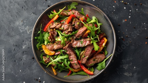 Beef and Sweet Pepper Warm Salad with Arugula on Dark Background Top View