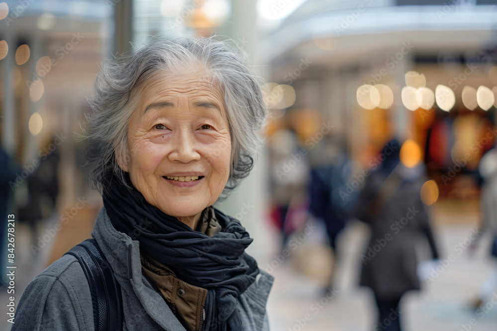 a woman with a scarf on standing in a mall a woman with a scarf on standing in a mall