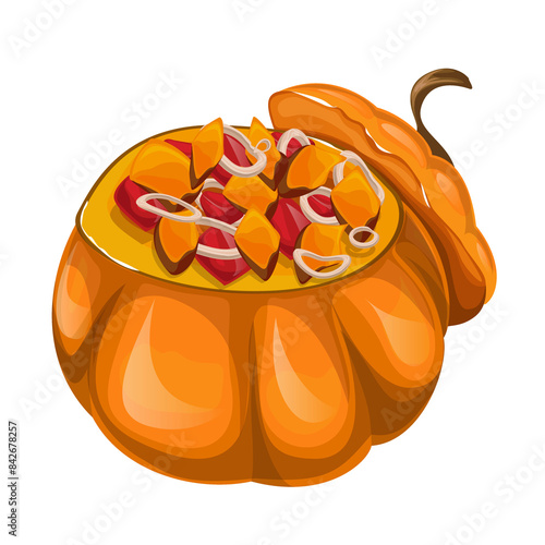 image of a pumpkin, in the form of a pot, filled with vegetables, ready to be served. EPS 10