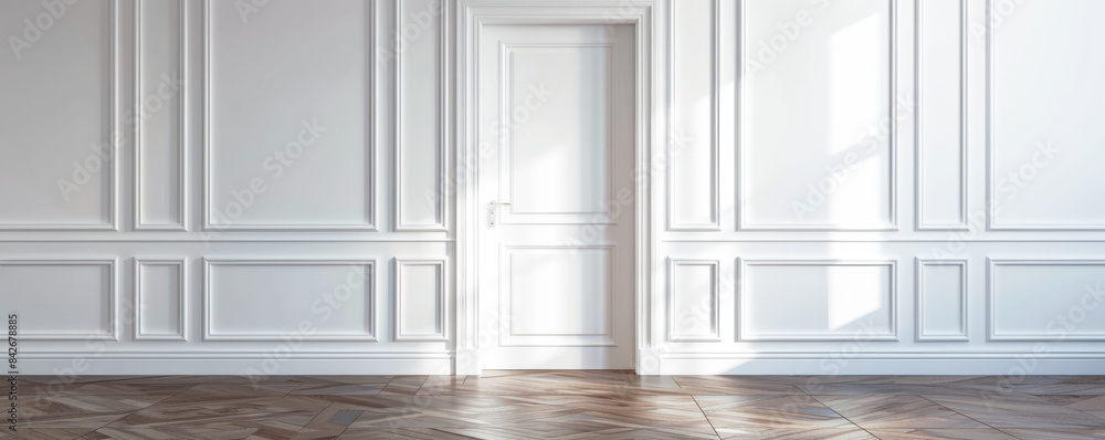 Banner, white interior door in a room with white walls, no furniture, classic style. Banner, white interior door in a room with white walls, no furniture, classic style.