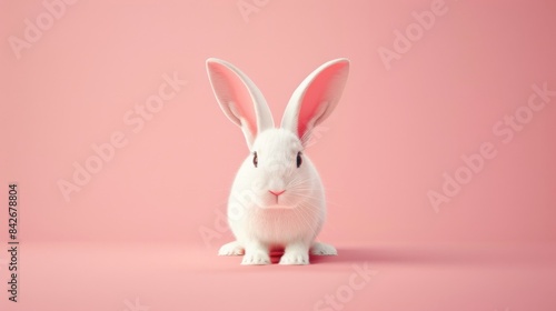 White rabbit on pink background, cute pet concept