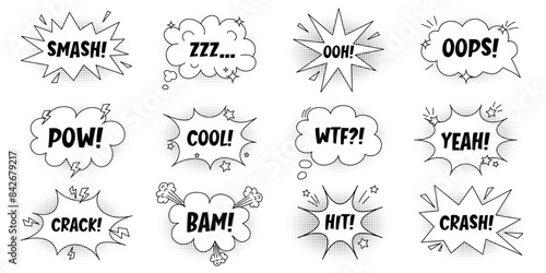 Set of speech bubbles with inscriptions, clouds and explosions in comic style, stars and lightning. Hand drawn sketch elements with halftone shadow. Pow, smash, zzz, ooh, oops, cool, wtf, crack, bam.