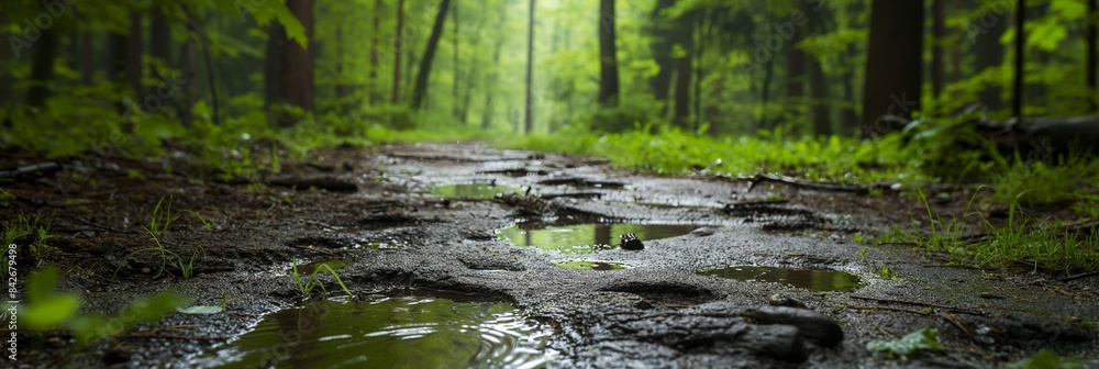 A scenic forest path, wet after rain, with puddles reflecting the fresh greenery around, evoking tranquility, renewal, and the peaceful beauty of nature. A scenic forest path, wet after rain, with puddles reflecting the fresh greenery around, evoking tranquility, renewal, and the peaceful beauty of nature.