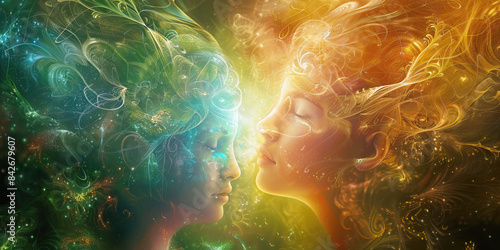 Divine Devotion: Spirits Linked by Threads of Eternal Love - Spirits connected by threads of light, their bond a testament to the enduring nature of divine love