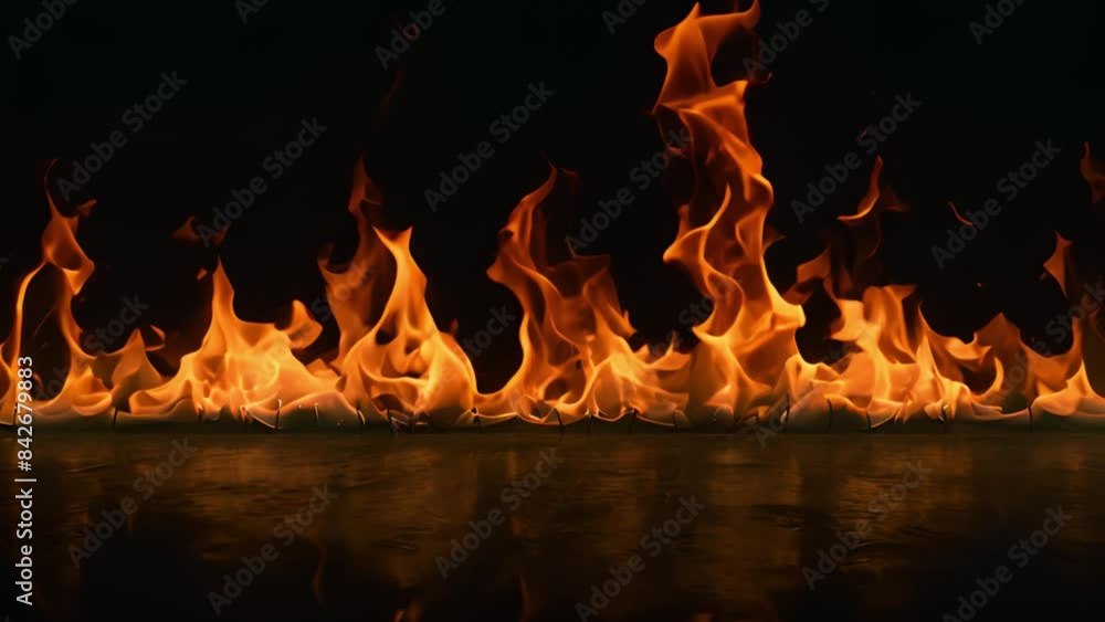 A close-up of flames reflecting on a black surface. The flames are orange and yellow, and they are dancing and flickering. The reflection is clear and crisp. A close-up of flames reflecting on a black surface. The flames are orange and yellow, and they are dancing and flickering. The reflection is clear and crisp.