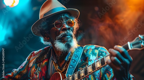 Extravagant Funky Elderly Musician Passionately Playing Guitar on Stage
