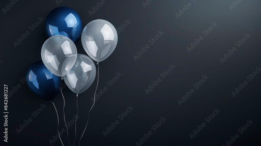 Happy birthday greeting card with realistic blue and white balloons on dark background. Concept of birthday banner copy space Happy birthday greeting card with realistic blue and white balloons on dark background. Concept of birthday banner copy space