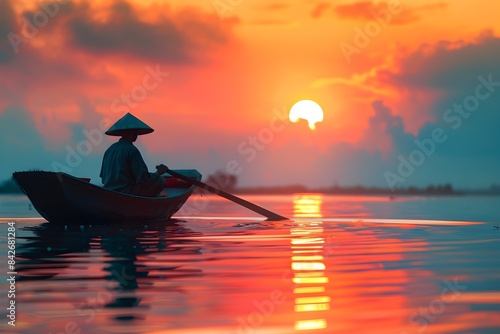Fisherman s Solitary Voyage at Dawn s Tranquil Embrace photo