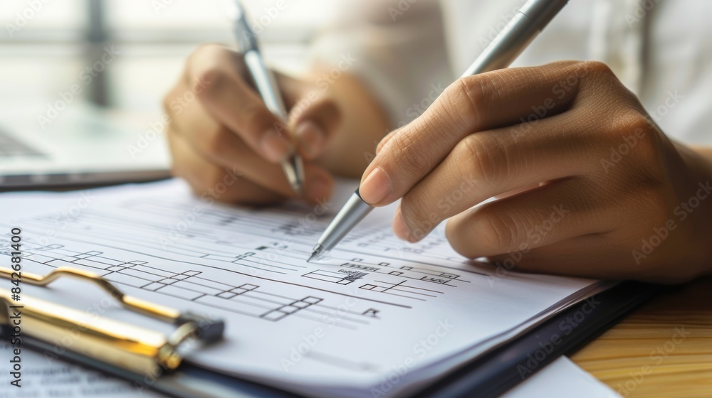 A closeup of a risk assessment form being filled out with checkboxes and fields detailing various risk categories and corresponding mitigation strategies. A closeup of a risk assessment form being filled out with checkboxes and fields detailing various risk categories and corresponding mitigation strategies.