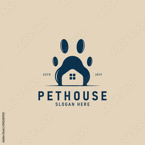 pet house logo minimalist vector illustration design, pet shop paw creative logo design