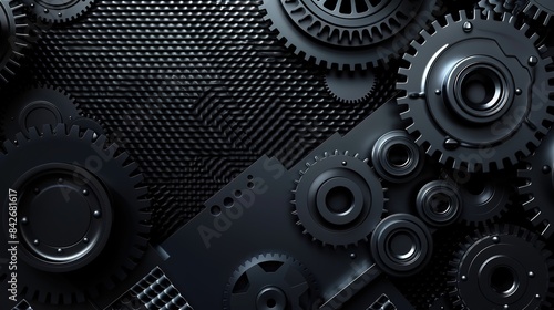 Abstract Background Featuring Gear and Watch Parts in Black and Silver Color Scheme with Metallic Texture. Detailed Close-Up of Mechanical Elements in High-Resolution, Vector Illustration Style for Gr