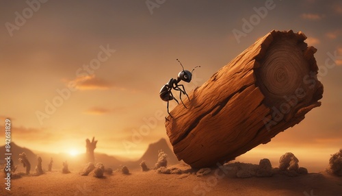 Ant Man holds a large wooden log resembling Atlas, the Greek myth, under an orange sky, creating a unique artistic image. photo