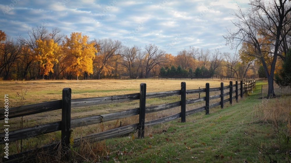 A fenced field with trees in the background A fenced field with trees in the background