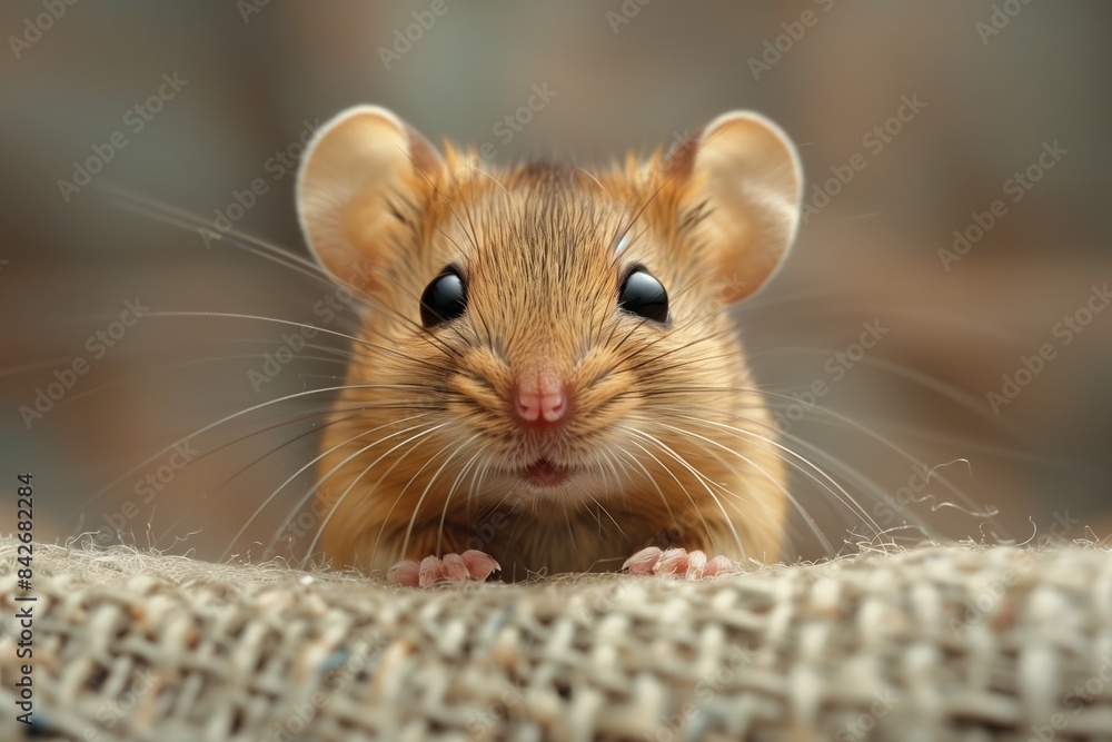 A small mouse with large ears peeks from behind a burlap fabric, looking directly at the camera with curiosity A small mouse with large ears peeks from behind a burlap fabric, looking directly at the camera with curiosity