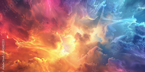 Celestial Bliss: Souls Soaring in a Sky of Love - Souls soaring through a sky filled with radiant colors, their hearts overflowing with the boundless love of the heavens