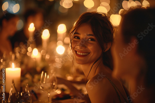 a woman smiles while sitting at a table with candles