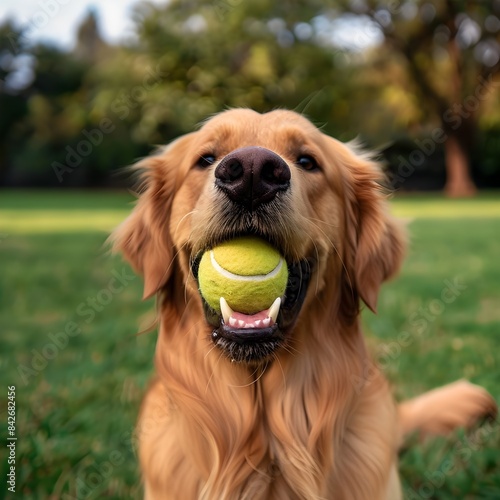 A retriever sitting on the grass in a park with a tennis ball in its mouth and a cute expression on its face