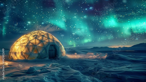 A traditional Inuit igloo illuminated by the vibrant colors of the aurora borealis, blending ancient culture with natural wonders.