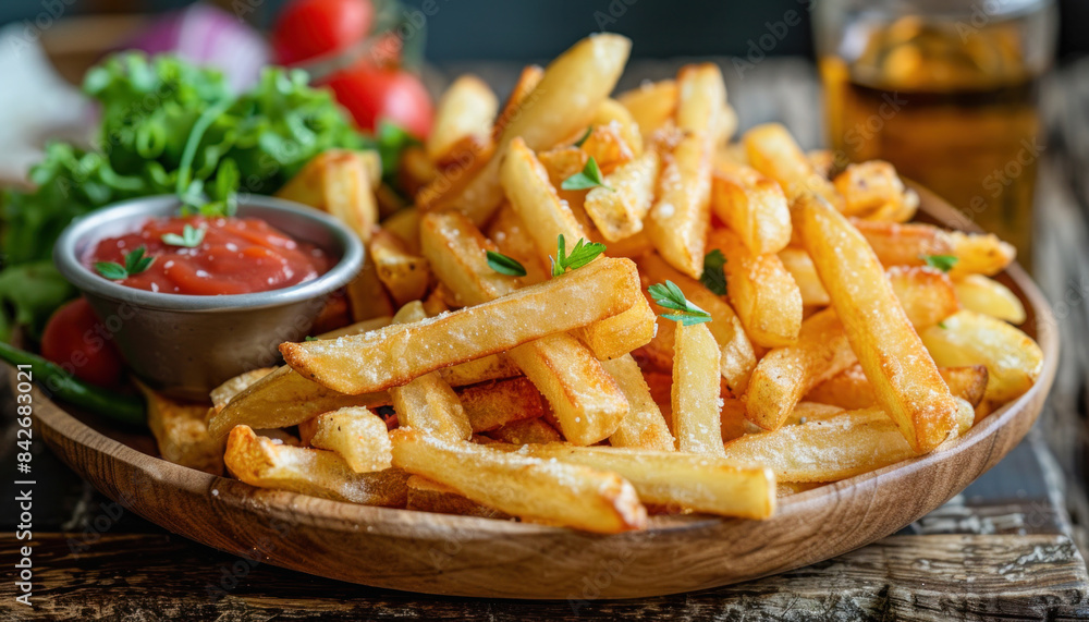 On the table is a wooden plate holding a serving of french fries drenched in ketchup On the table is a wooden plate holding a serving of french fries drenched in ketchup